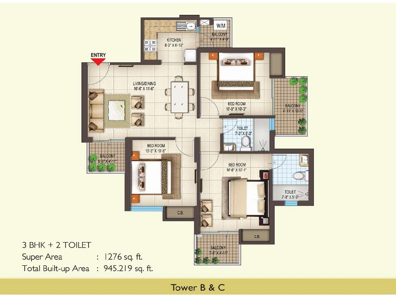 3 BHK with 2 Toilet in Tower B and C of Spring Homes in Noida by AskFlat
