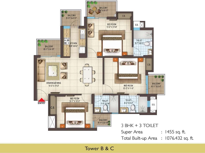 3 BHK with 3 Toilet in Tower B and C of Spring Homes in Noida by AskFlat